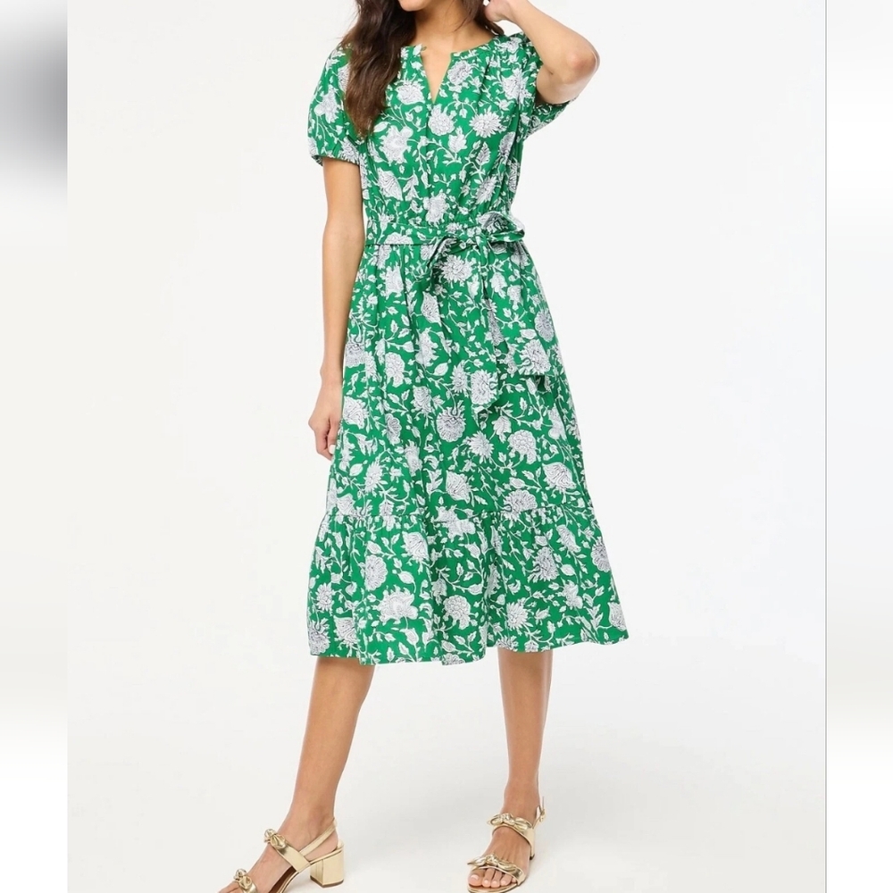 J. Crew Green and White Floral Tie-Waist Floral Midi Dress Sz 6 New $128